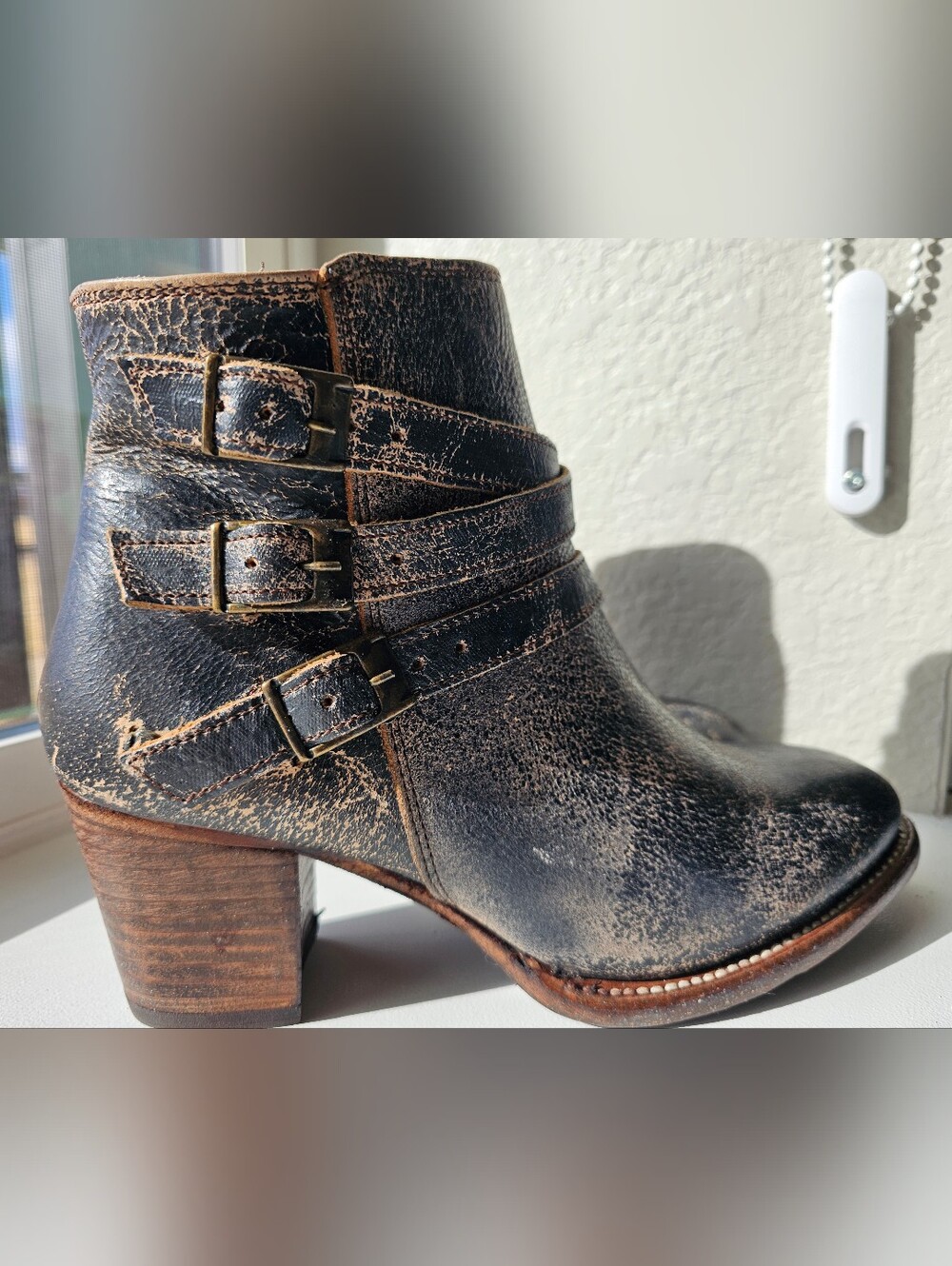 BED|STU Distressed Black Brown Leather Ankle Boots with Buckle Straps